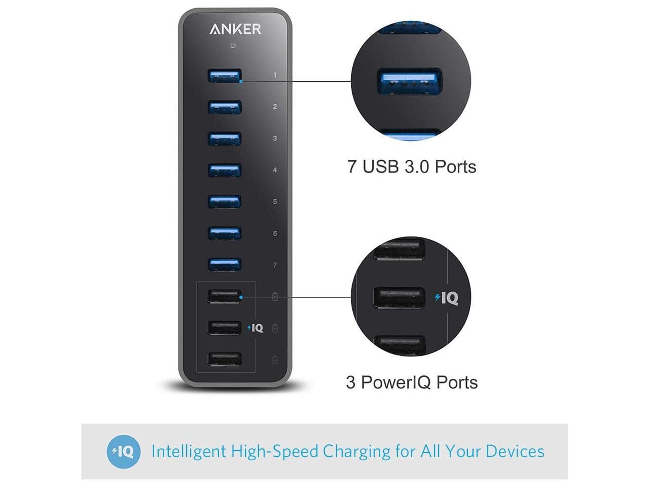 Anker 10-Port 60W USB 3.0 Hub with 7 Data Transfer Ports and 3 PowerIQ ...