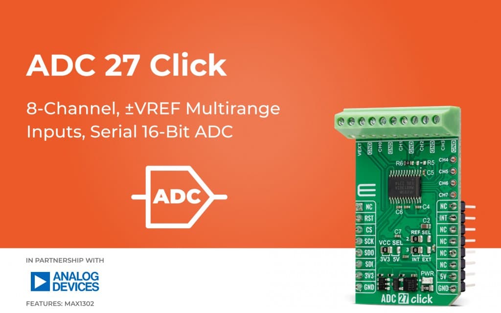 ADC 27 Click for high-resolution multi-channel analog signal conversion