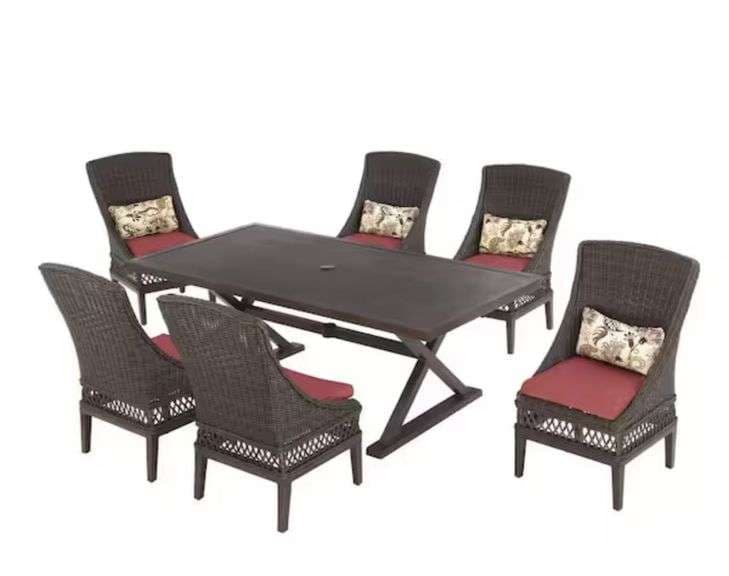 Hampton Bay Woodbury 7-Piece Wicker Outdoor Patio Dining Set with Chili ...