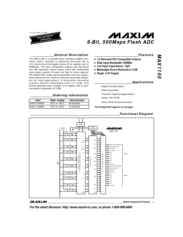 MAX1150 500Msps Flash ADC Datasheet | Maxim Integrated