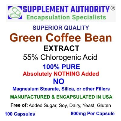 100% PURE Green Coffee Bean Extract Capsules 800mg 55% Chlorogenic ...