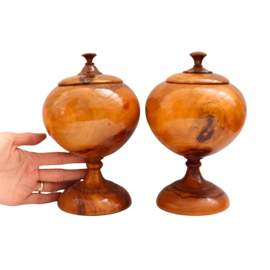 Vintage Large Pedestal Hand Turned Walnut Wood Lidded Jars Pair 9 ...