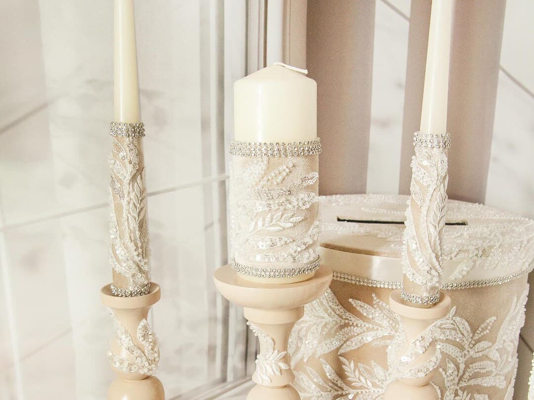 Beige Lace Wedding Unity Candle Set and Holders, Ivory Rhinestone ...