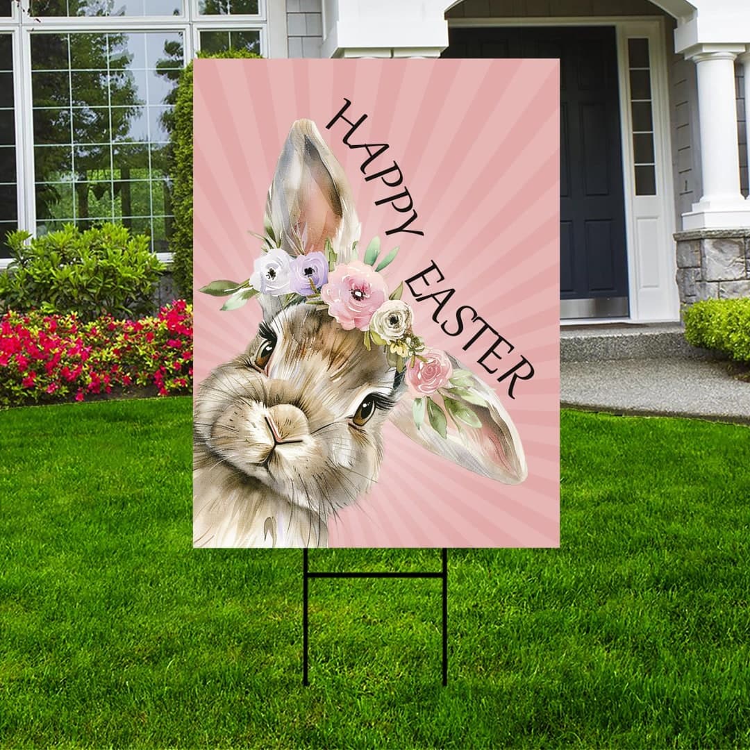Happy Easter Bunny Welcome Yard Sign, Rabbit Flower Easter Day Yard ...