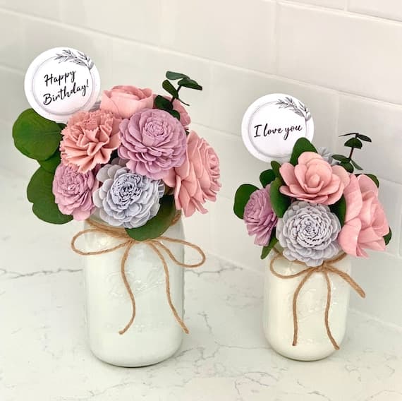 Personalized Wood Flower Arrangement Mason Jar Indigo Pink ...