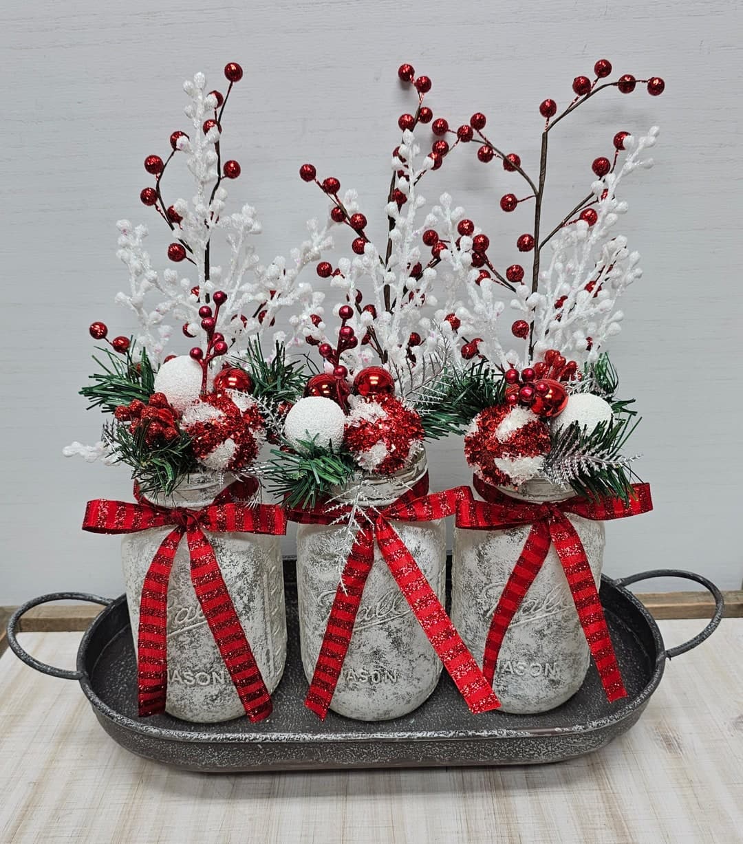 Christmas Red and White Mason Jar Table Centerpiece, Classic Holiday ...