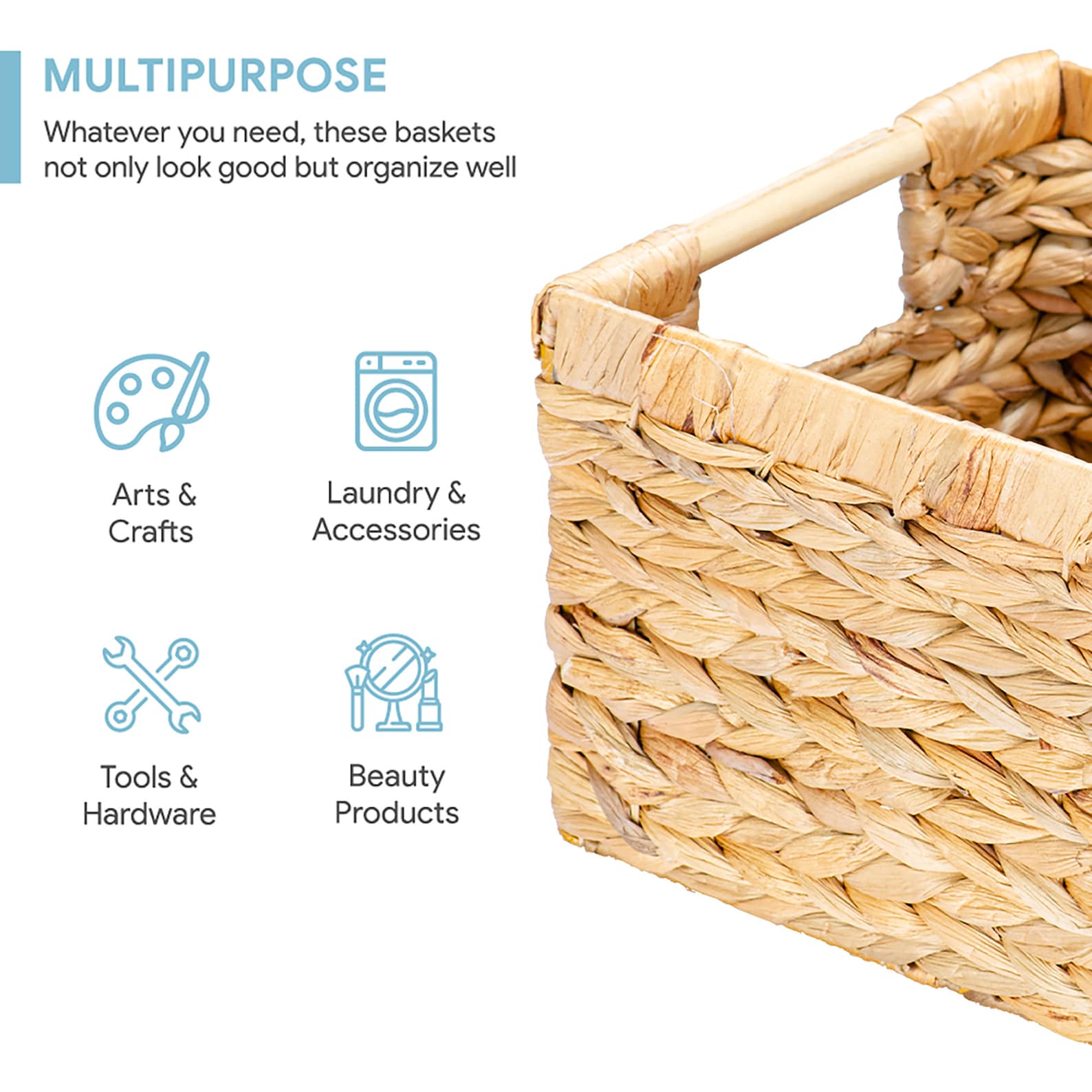 Natural Water Hyacinth Storage Basket With Handle, Rectangular Wicker ...