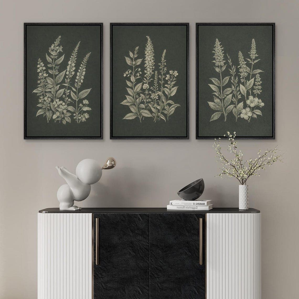 Framed Vintage Botanical Wall Art Set of 3, Dark Green Herb Canvas ...