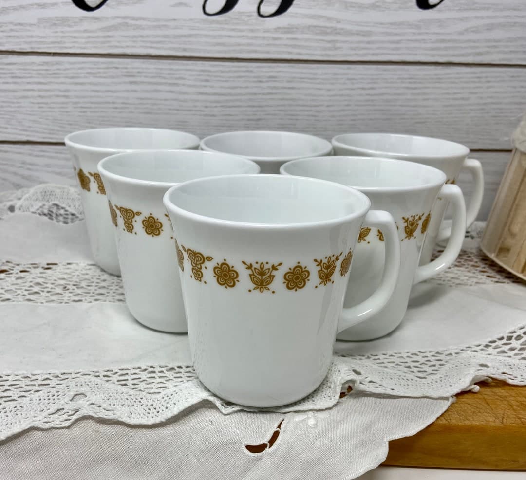 Lot of SIX, Corelle by Corning ,vitrelle Glass butterfly Gold 8 Oz Mugs ...