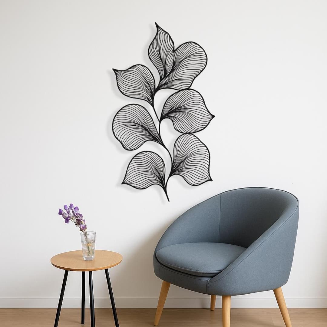 Leaf Metal Wall Art, Vertical Black Botanical Line Wall Decor, Nature ...