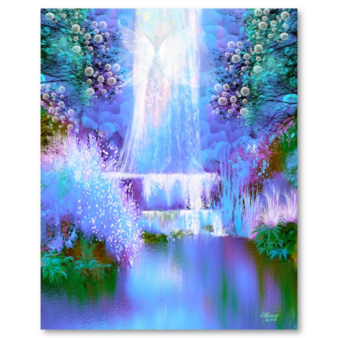 Blue Waterfall Impressionist Art Print, Ethereal Dreamscape Fantasy Art ...