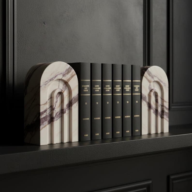 Calacatta Viola Marble Arch Bookends Fluted Pair Modern Bookshelf Stone ...