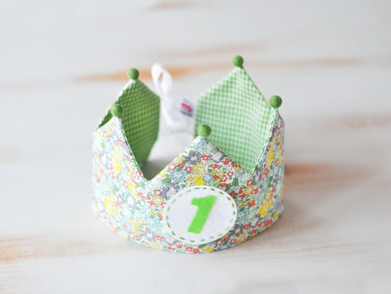 Adjustable Reversible Fabric Crown for Children, Floral and Green Vichy ...