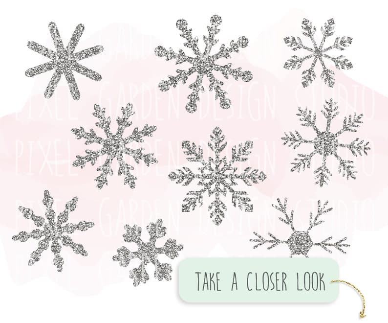 Silver Glitter Snowflake Clip Art. Christmas Snowflake Clipart. Sparkle ...