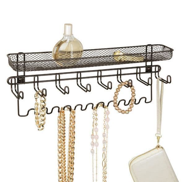 mDesign Steel Wall Mount Jewelry Organizer Rack with 8 Hooks/Basket ...