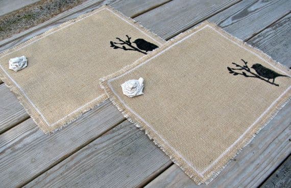 Burlap Placemats with Bird Design, Rustic Table Decor Set of 4