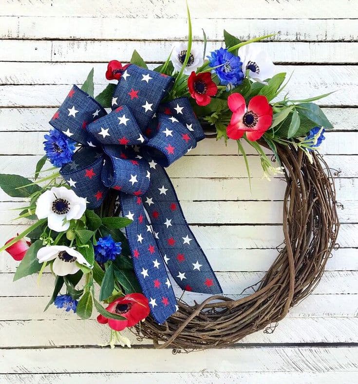Patriotic Summer Wreath With Red White and Blue Stars Ribbon, Greenery ...