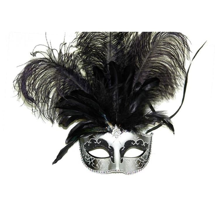 Silver and Black Venetian Mask with Ostrich Feathers | Party Expert ...
