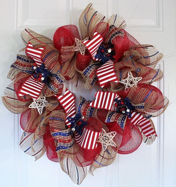 Patriotic Wreath with Burlap Ribbon and Vine Stars