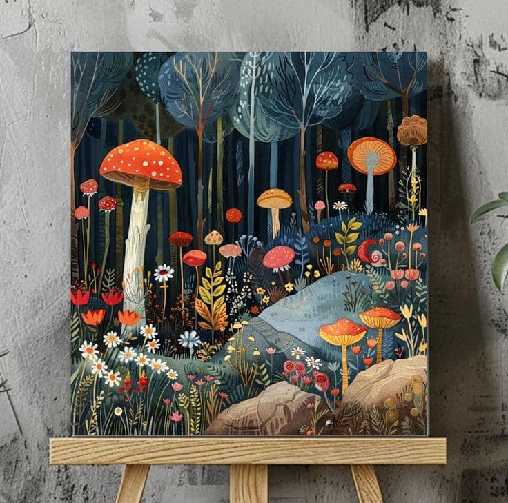 Magical Woodland Mushrooms Canvas Wall Art, Whimsical Nature Art Print ...