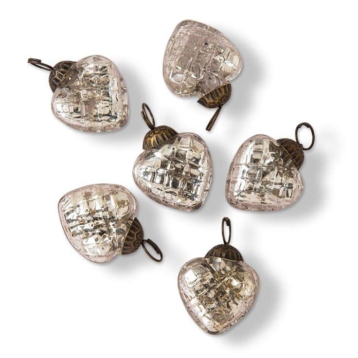 Mercury Glass Heart Ornaments - Set of 6