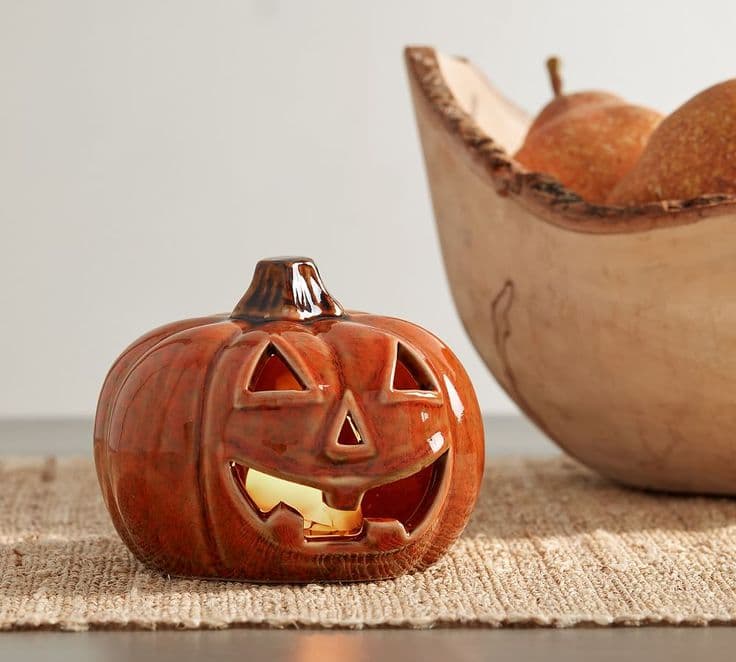 Lit Mini Ceramic Jack O' Lantern | Pottery Barn | Pumpkin pottery, Jack ...