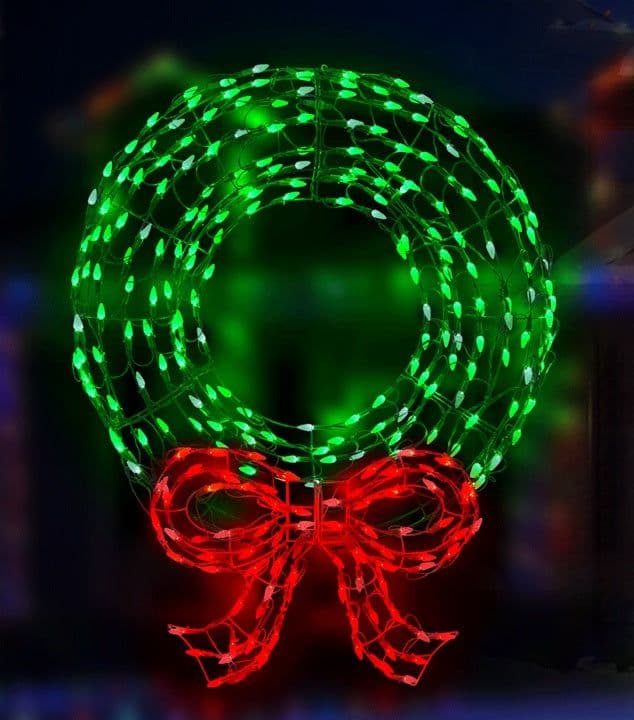 Twinkling Green LED Wreath Sculpture with Red Bow | Outdoor christmas ...