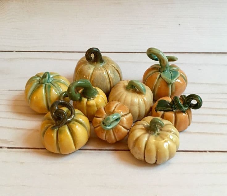 Set of nine tiny handmade ceramic pumpkins, pottery mini-pumpkins ...