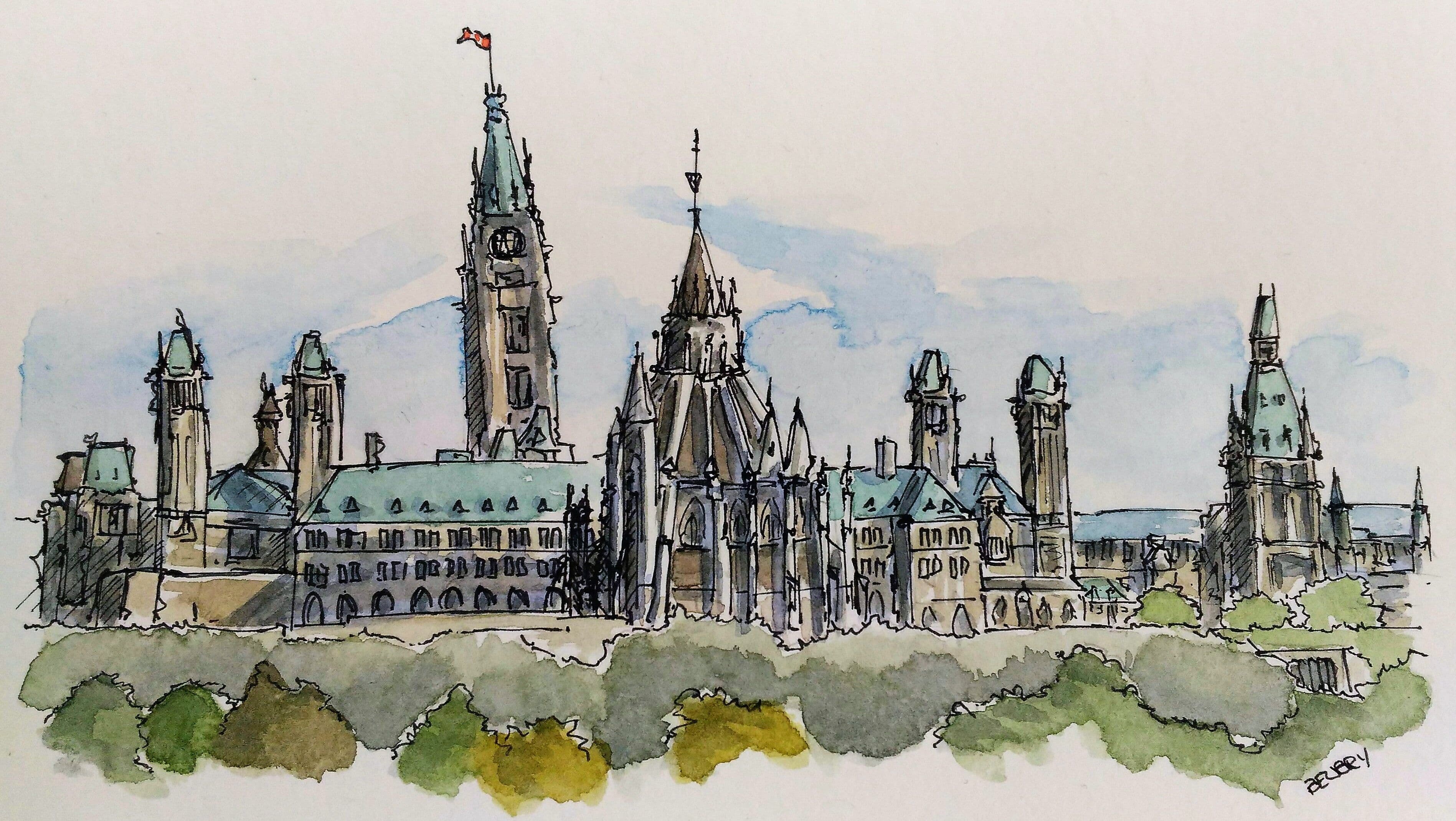 The Parliament Hill in Ottawa Urban Sketch Watercolor Painting Ontario ...