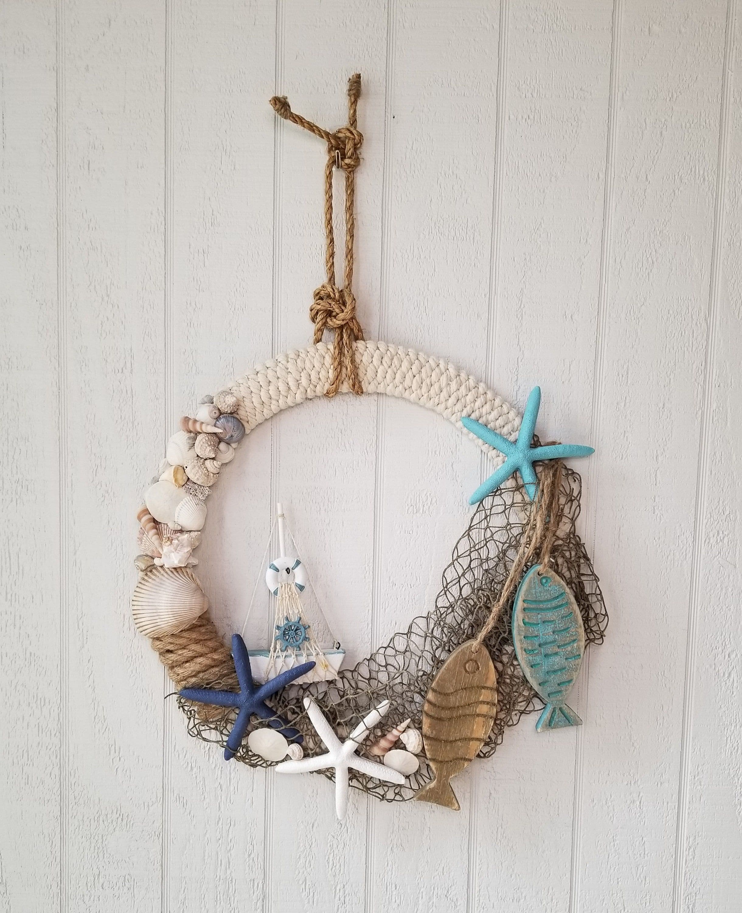 Beach Wreath With Seashells Starfish and Sailboat, Coastal Nautical ...
