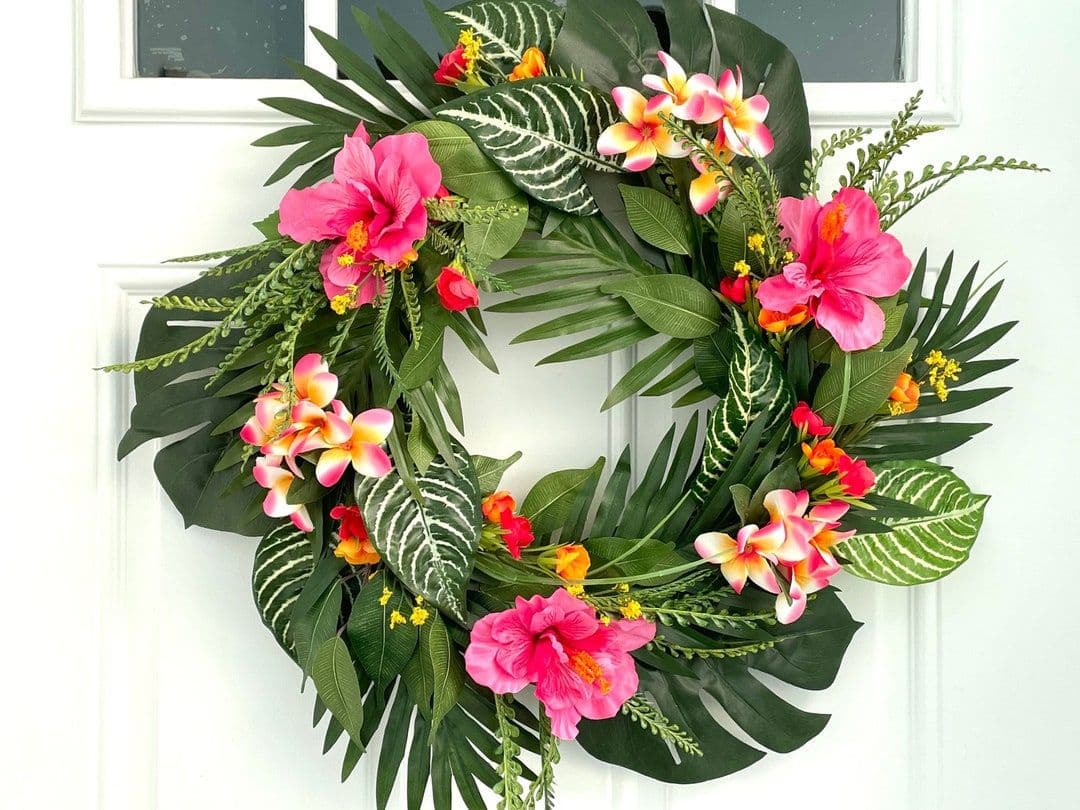 Pink and Orange Tropical Summer Wreath, Pink Hawaiian Wreath, Palm ...