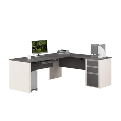 Bestar Connexion gal-Shaped Desk with Hutch and Pedestal, 72W, Antigua & Black