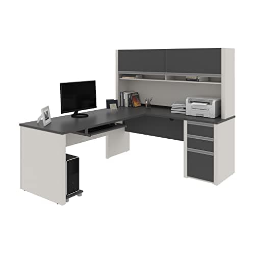 Bestar Connexion gal-Shaped Desk with Hutch and Pedestal, 72W, Slate/Sandstone