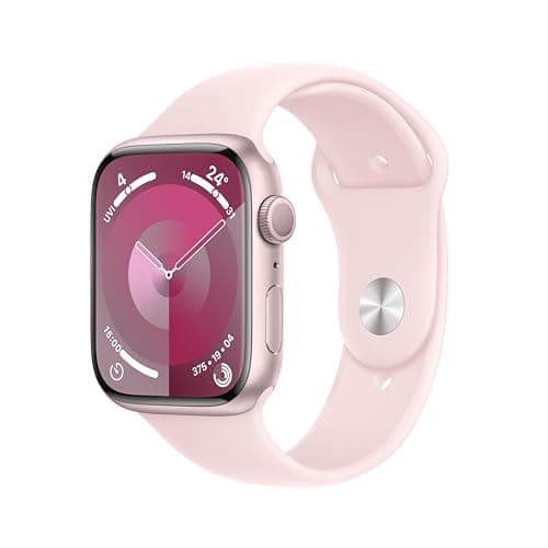 Apple Watch Series 9 [GPS 45mm] Smartwatch with Pink Aluminium Case with Light Pink Sport Band. Fitness Tracker, Blood Oxygen & ECG Apps, Water-Resistant - M/gal