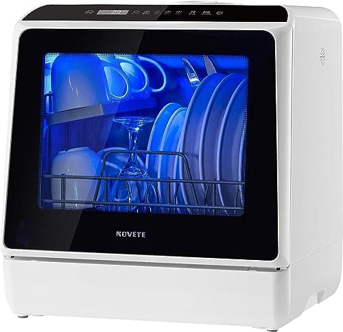 NOVETE Portable Countertop Dishwashers, Compact Dishwashers with 5 gal Built-in Water Tank & Inlet Hose, 5 Washing Programs, Baby Care, Air-Dry Function and LED Light for Small Apartments
