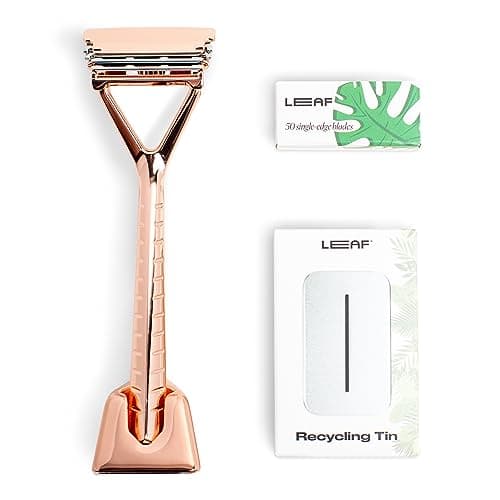 Leaf Shave | The Leaf Razor Set, Rose Gold - Includes 1x Leaf Razor, 1x Matching Stand, 1x 50-Pack of Single-Edge Blade Refills, and 1x Blade Bank