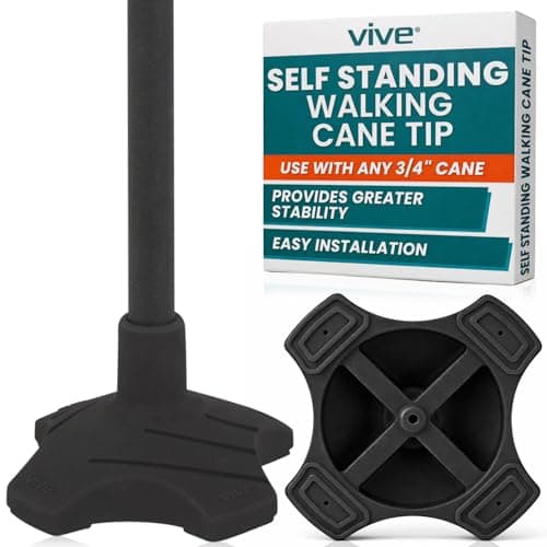 Cane Tip by Vive - Quad Rubber Replacement Foot Pad for Walking Canes - Stable Four Point Self Standing Quadruple Tripod Stand for Cane - Universal 4 Leg Attachment for Walking Stick (Black)