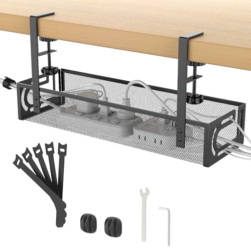 Under Desk Cable Management Tray No Drill, Metal Mesh Cable Tray with Clamp for Desk Wire Management, Desk Cable Management Box and Cord Organizer for Office, Home