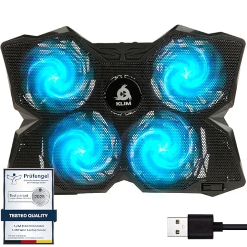 Klim Wind Laptop Cooling Pad - More Than 500 000 Units Sold - The Most Powerful Rapid Action Cooling Fan - Laptop Stand with 4 Airflow Fans at 1200 RPM - USB Cooler - PS5 PS4 - New - Blue