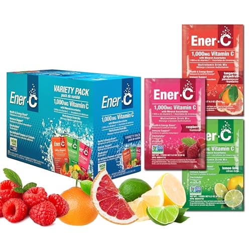 Ener-C Raspberry Multivitamin Drink Mix, 1000mg Vitamin C, Non-GMO, Vegan, Real Fruit Juice Powders, Natural Immunity Support, Electrolytes, Gluten Free, 2-Packs of 30 (60 Count)