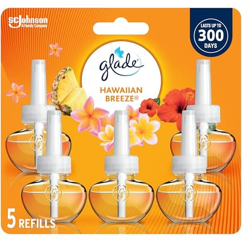 Glade PlugIns Air Freshener Oil Refill, Scented and Essential Oils for Bathroom and Home Fragance, Hawaiian Breeze, 5 Count