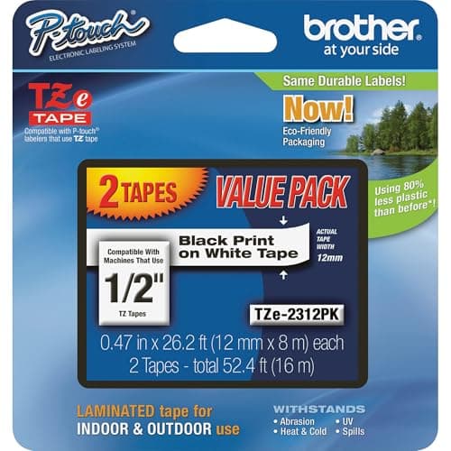 Brother P-Touch TZe-231 Label Tape, 1/2" x 26-1/4', White/Black, Pack ...
