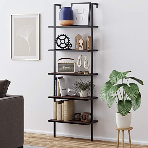 Nathan James 65503 Theo 5-Shelf Wood Modern Bookcase, Open Wall Mount Ladder Bookshelf with Industrial Metal Frame, Walnut Brown/Black