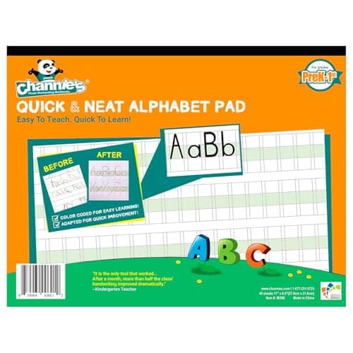 Channie’s Quick & Neat Alphabet Writing Pad, Practice Handwriting & Printing Workbook, 80 Pages Front & Back, 40 Sheets, for Pre-K to 1st Grade, Size 8.5” x 11” Summer School, Summer Bridge