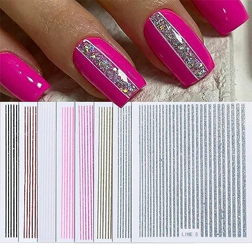 WOKOTO 8 Sheets Glitter Nail Art Wraps Decals Tips With 1Pc Nail File Solid Color Adhesive Nail Polish Stickers Strips Kit Manicure Accessories