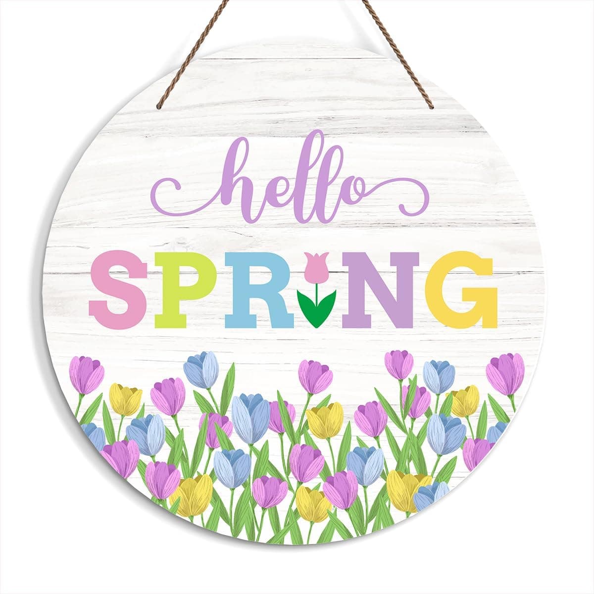 Amazon.com : Hello Spring Round Welcome Decorative Sign, Spring Flower ...