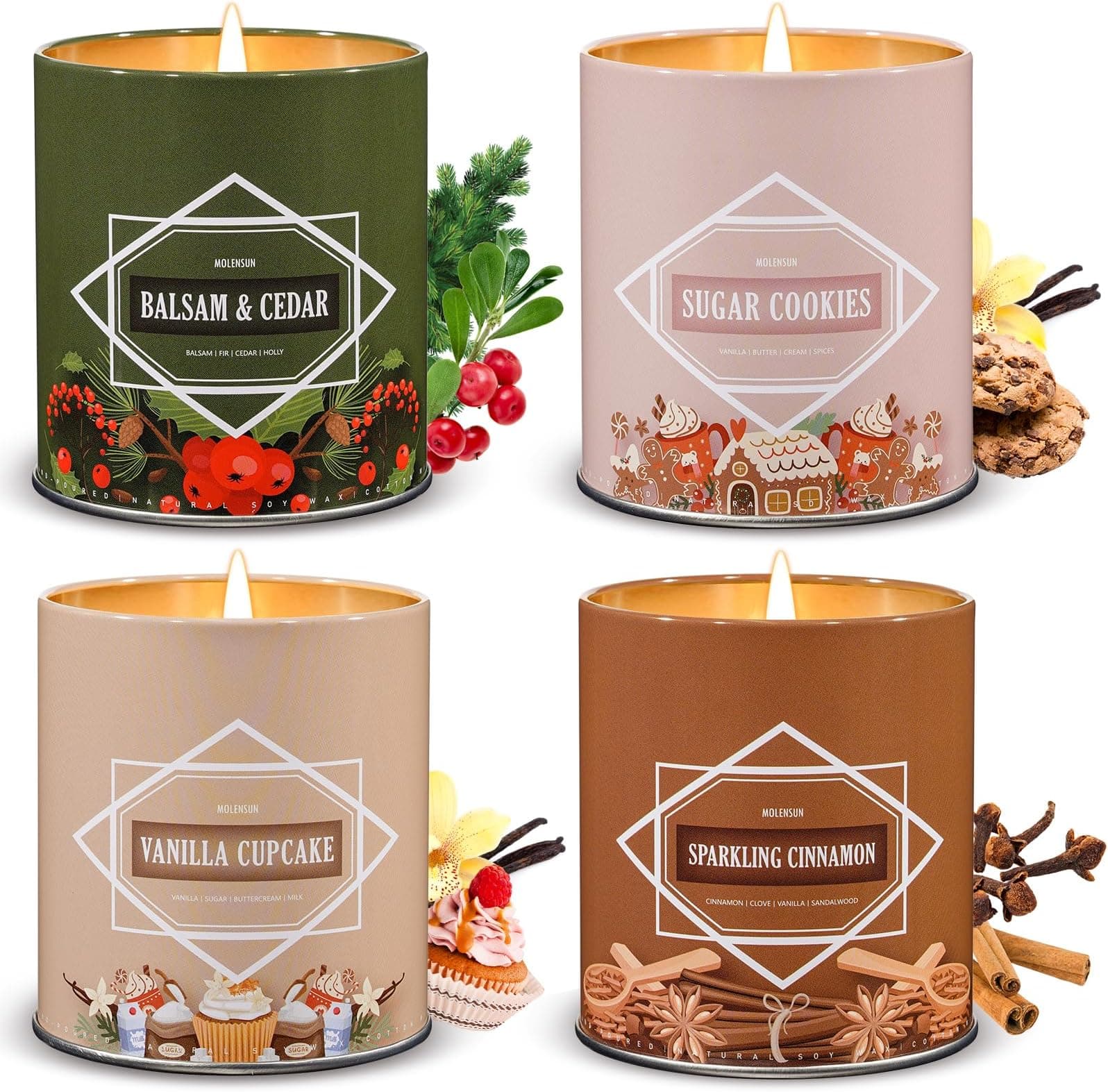Scented Candle Set, Winter Scented Candles for Home, Holiday Candle Gifts for Women Men, 4 Pack 36oz Soy Candles, Winter Scents of Balsam Cedar/Sugar Cookies/Vanilla Cupcake/Sparkling Cinnamon
