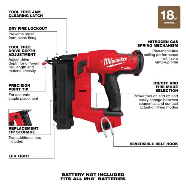 MILWAUKEE M18 FUEL™ 18 GAUGE BRAD NAILER - BARE TOOL - NGC Industries