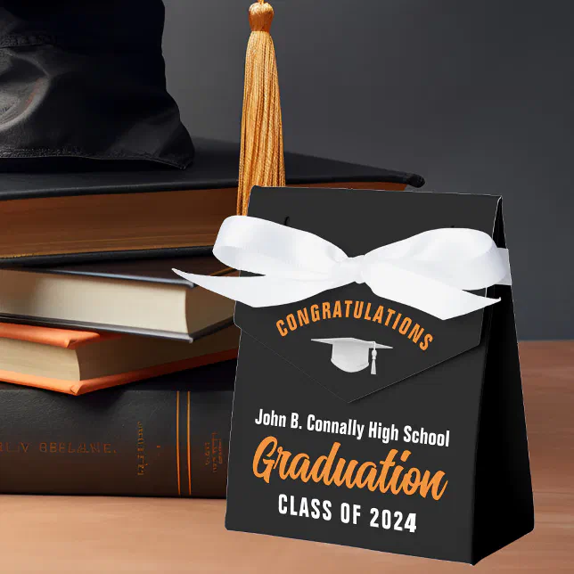 Orange Black Custom School Graduation Party Favor Boxes | Zazzle