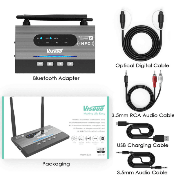 Visoud Bluetooth 5.0 Transmitter Receiver 3 in 1 Long Range Bluetooth ...
